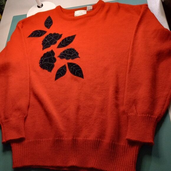 Just For Women 1X Red with Black Floral Accent Beaded Embellished Sweater - Picture 1 of 6